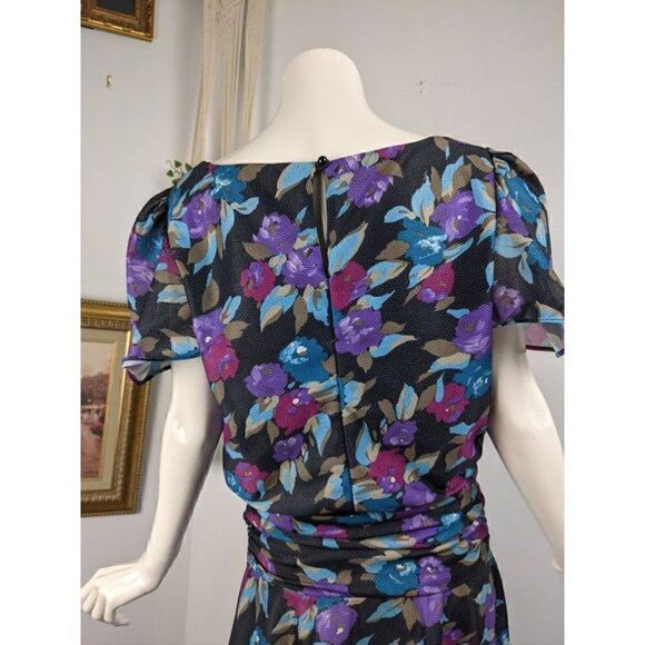 80s party dress floral print, drop waist short sleeve size 9 - Picture 6 of 9